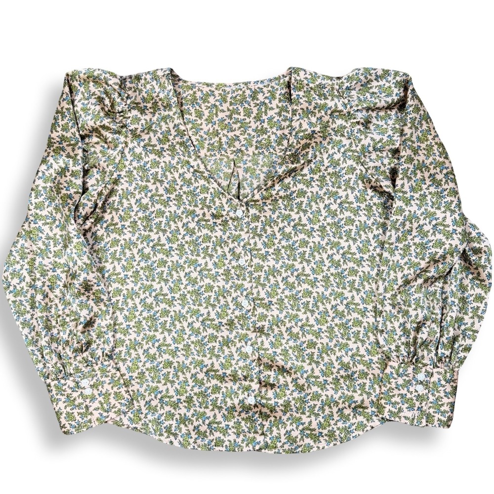 Levi's‎ Womens Ditsy Floral V-Neck Puff Sleeve Button Front Blouse Peach Green